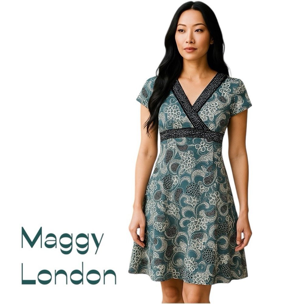 Maggy London Teal White Floral Casual Cottage Dress NWOT Size 4P
